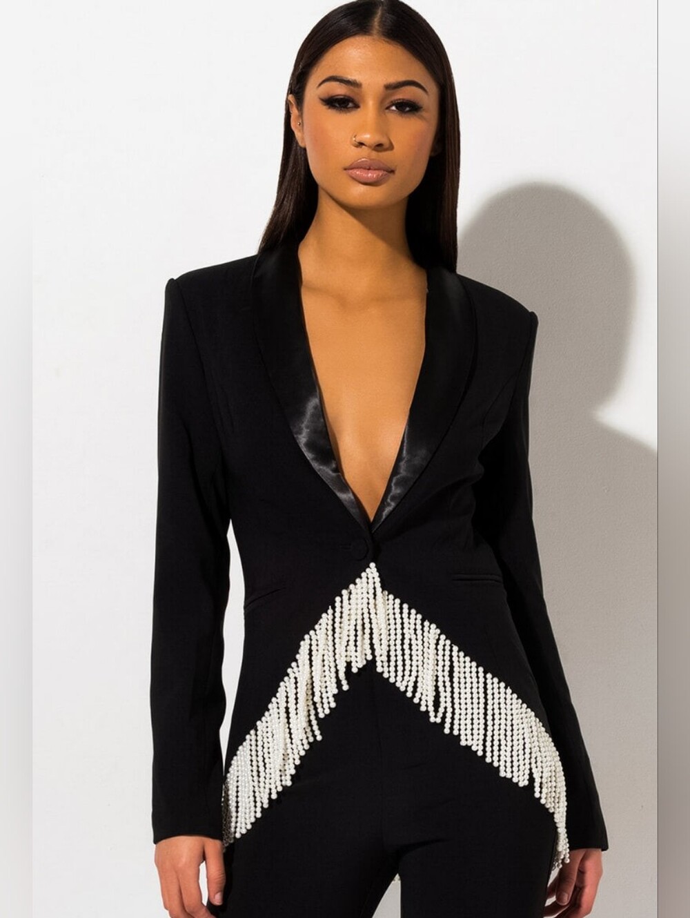 AKIRA Dreaming Of You Pearl Blazer Black Satin Lapel Pearl Fringe Jacket L